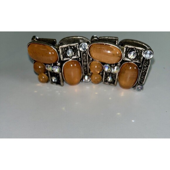 Vintage Look Cuff  Bracelet. Pinkish Stones‎ & Rhinestones. Stretch cuff. - Picture 3 of 7